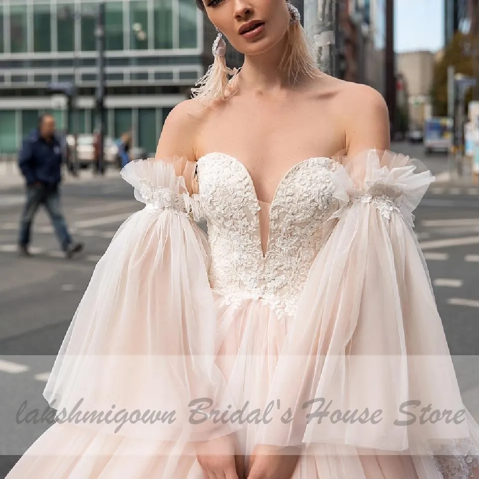 Blush Pink Princess Wedding Gowns with Sleeves
