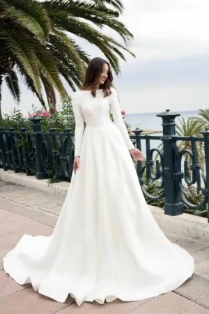 Boat Neck Long Sleeved Ivory Spandex Wedding Gown Simple