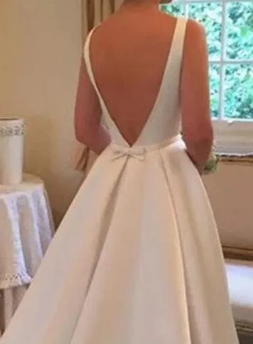 Boat Neck Satin A-line Wedding Gown with Pockets