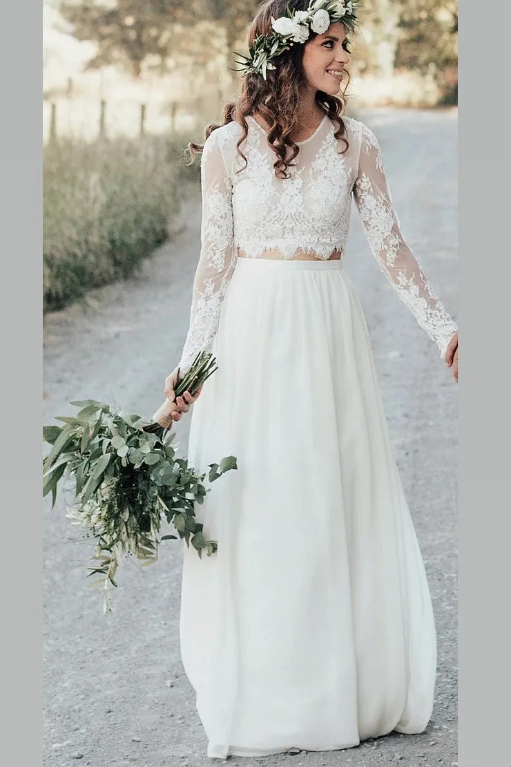 Boho Two-piece Long Sleeve Wedding Dress Lace Top Chiffon Skirt