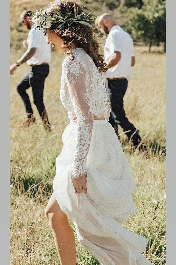 Boho Two-piece Long Sleeve Wedding Dress Lace Top Chiffon Skirt
