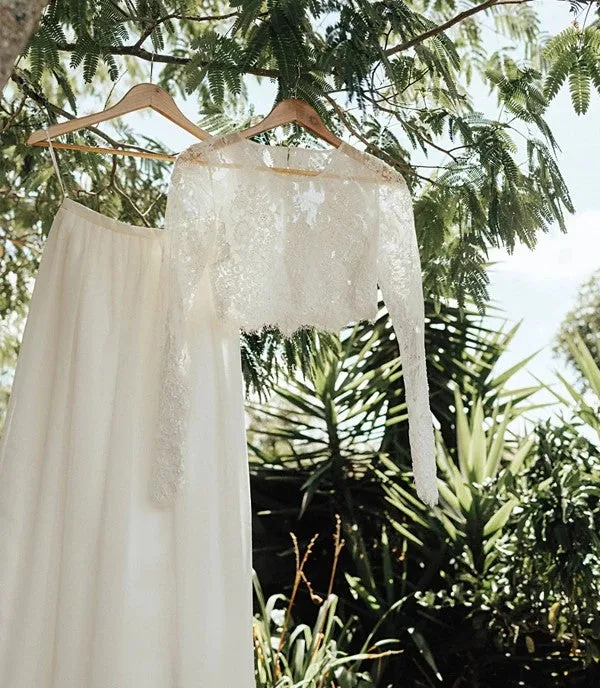 Boho Two-piece Long Sleeve Wedding Dress Lace Top Chiffon Skirt