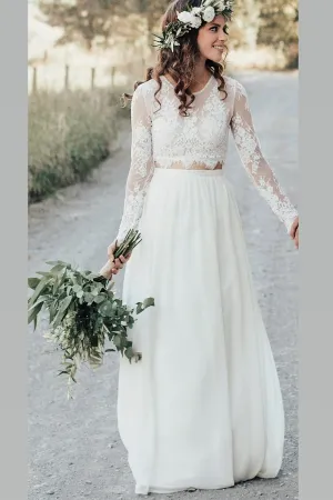 Boho Two-piece Long Sleeve Wedding Dress Lace Top Chiffon Skirt