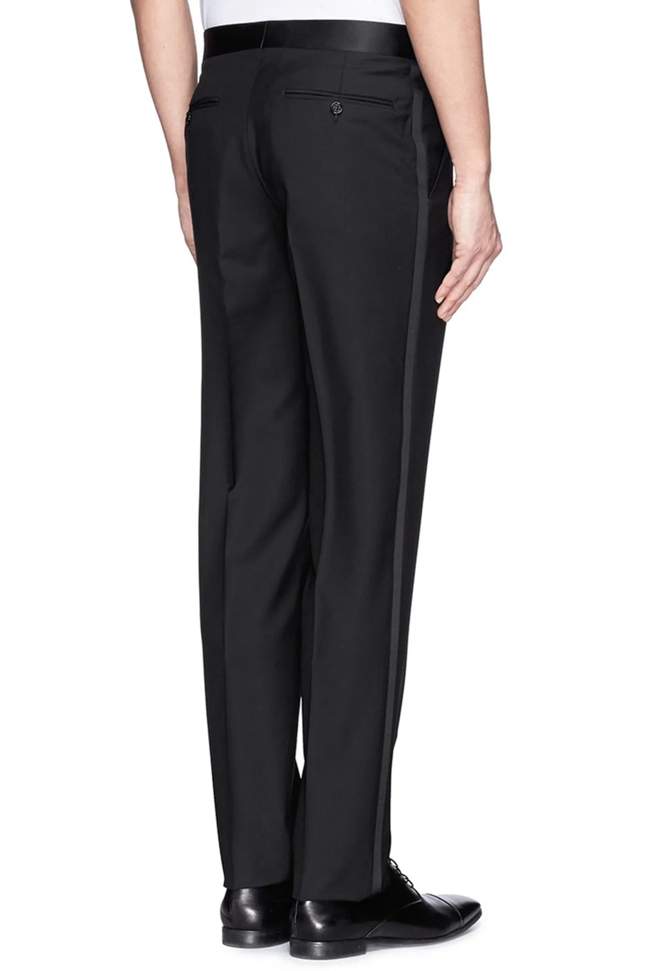 Boy's Black, Adjustable-Waist, Pleated Front Tuxedo Pants with Satin Stripe