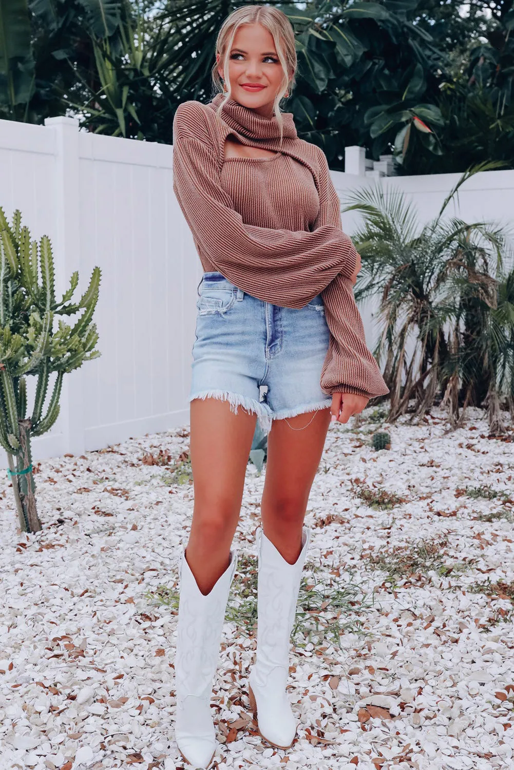 Brown Corded One Shoulder Tank with Puff Sleeve Bolero Set