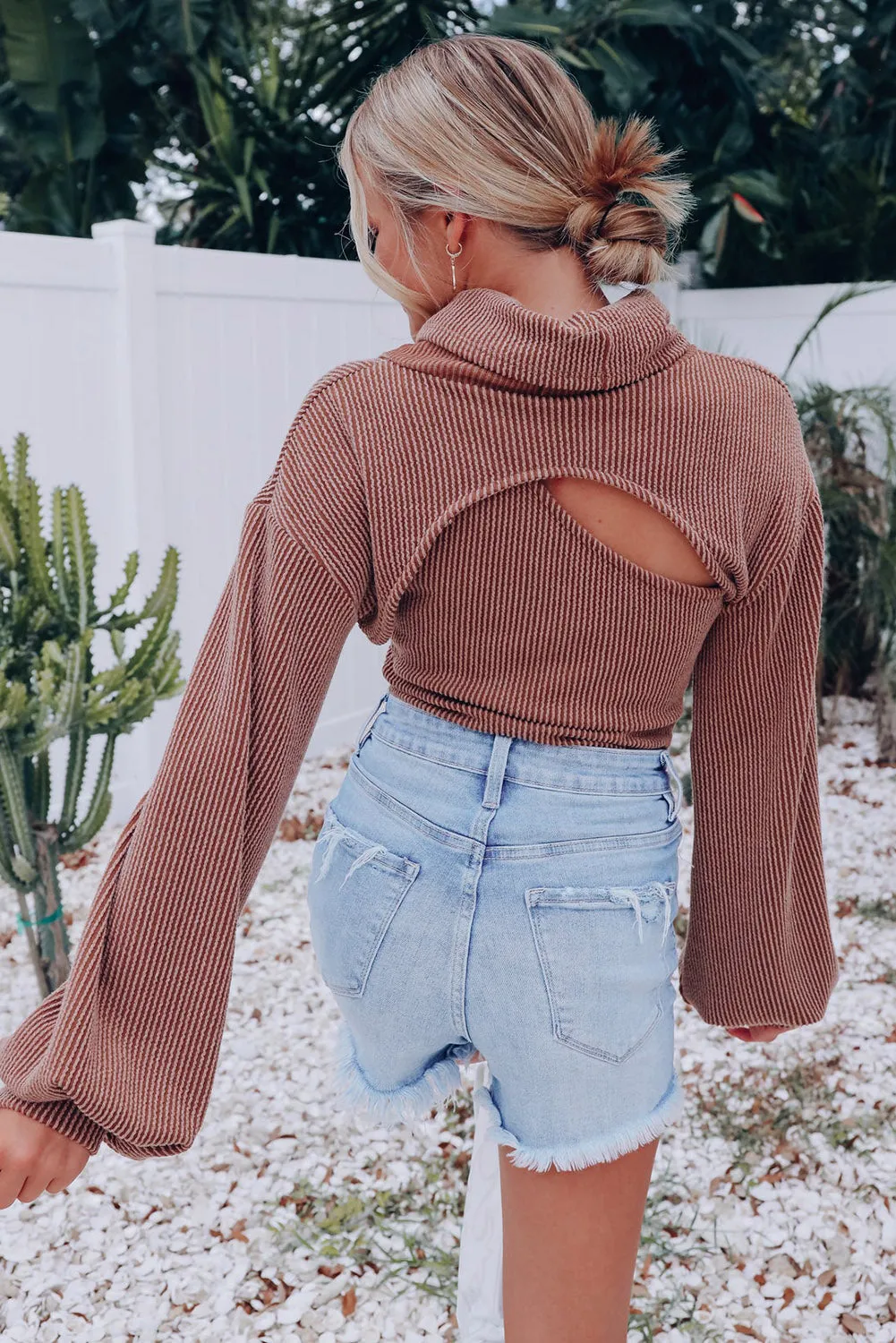 Brown Corded One Shoulder Tank with Puff Sleeve Bolero Set