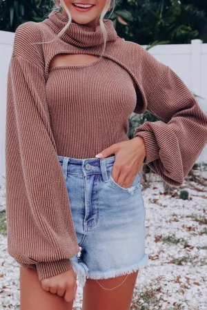 Brown Corded One Shoulder Tank with Puff Sleeve Bolero Set