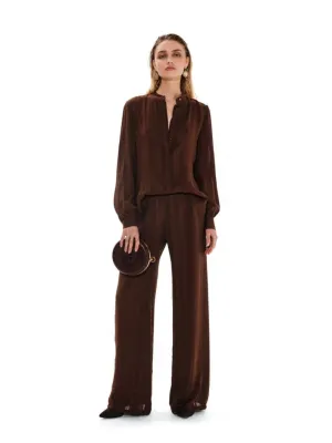 Brown Hera Textured Silk Mao Collar Blouse