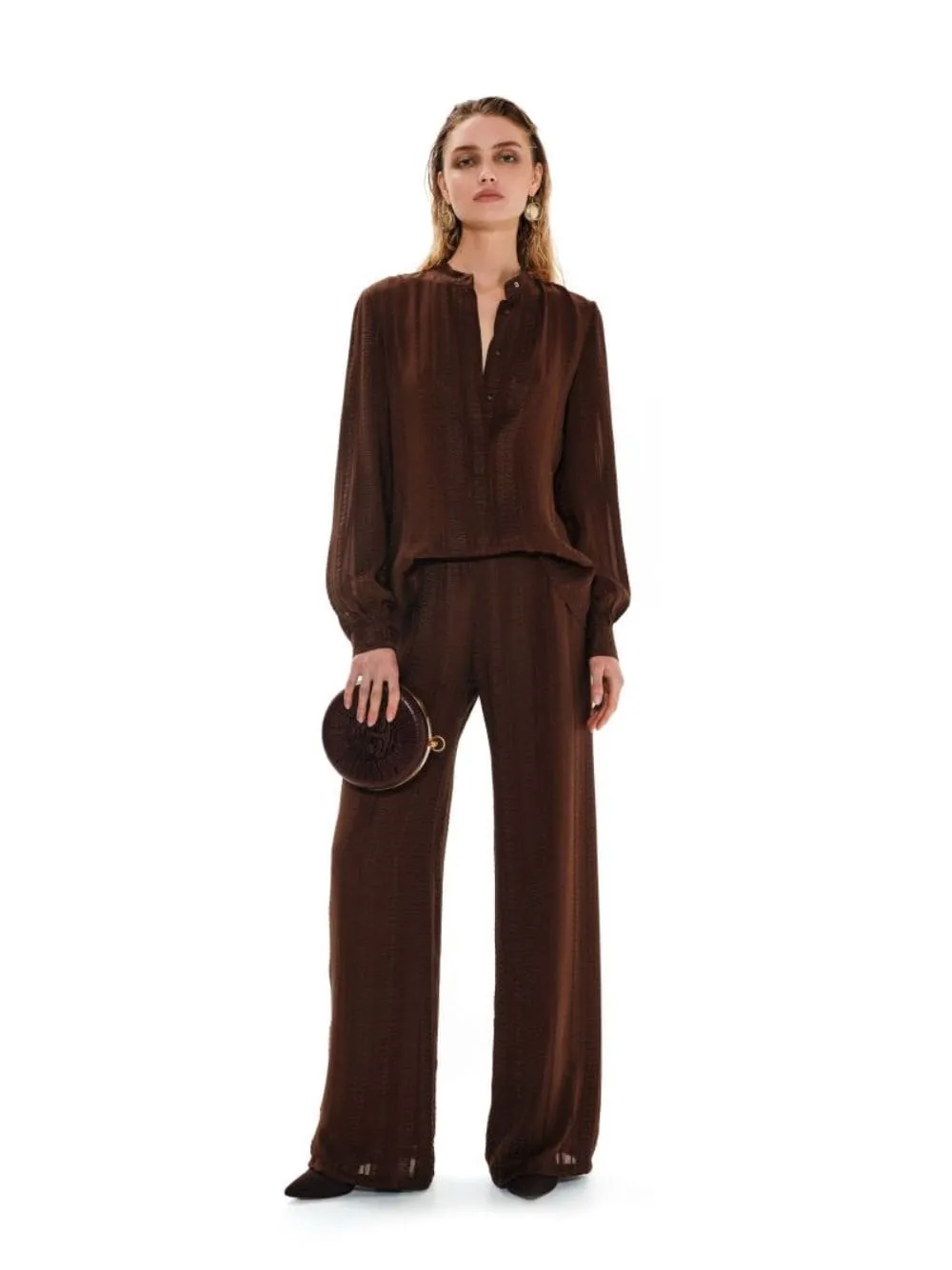 Brown Hera Textured Silk Mao Collar Blouse