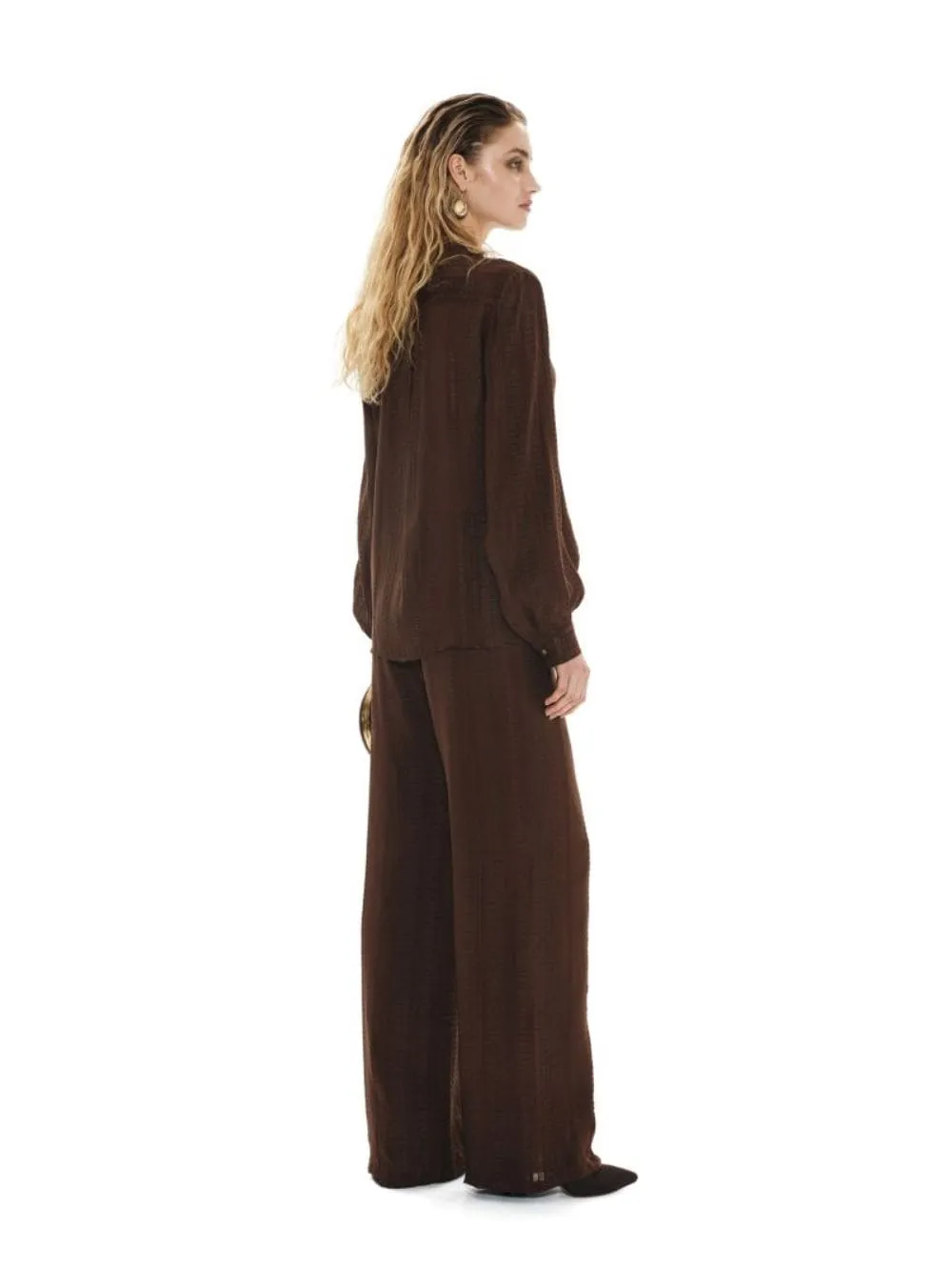 Brown Hera Textured Silk Mao Collar Blouse