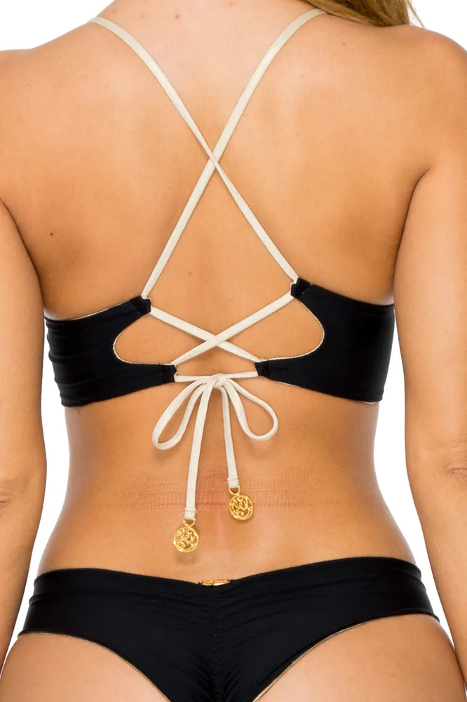 BUENA VISTA - Drawstring Halter Top & Drawstring Ruched Brazilian Bottom • Black