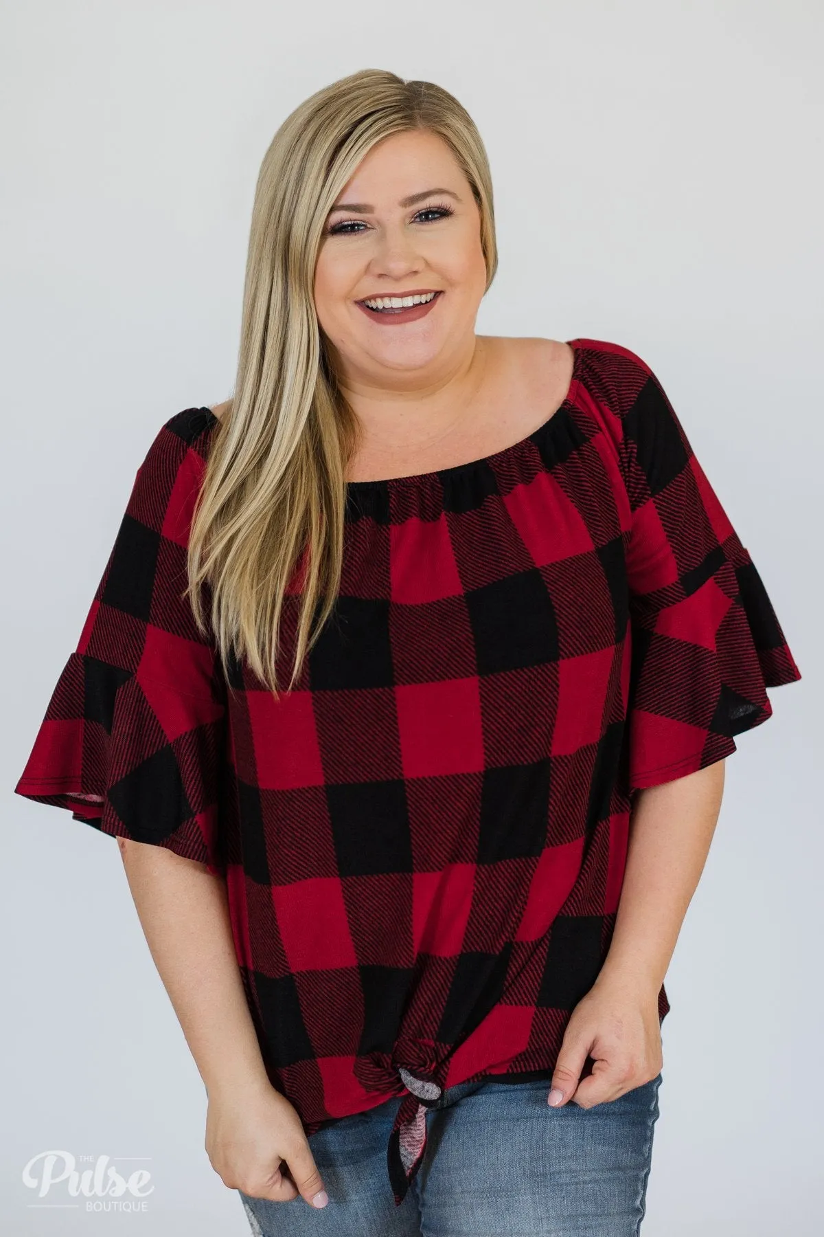 Buffalo Plaid Off the Shoulder Top