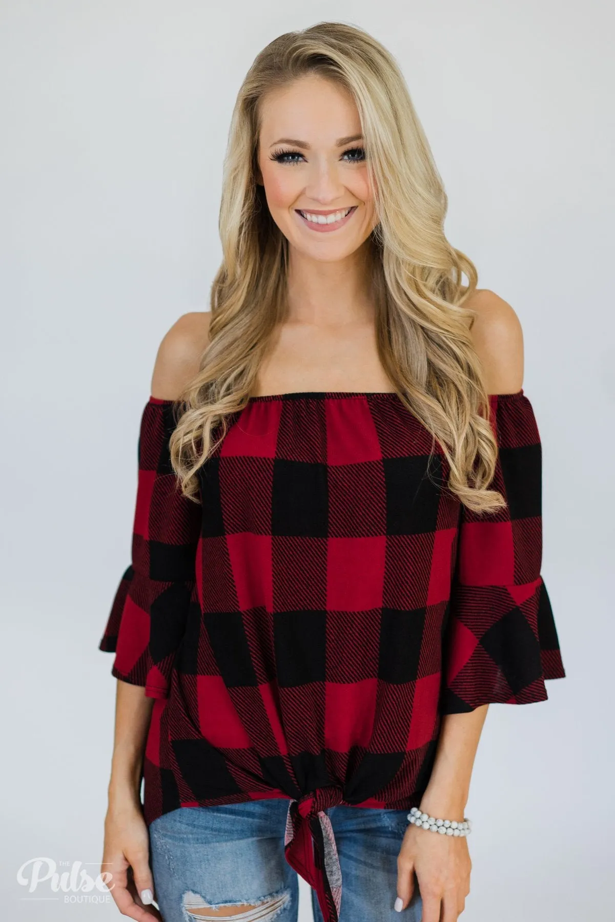 Buffalo Plaid Off the Shoulder Top