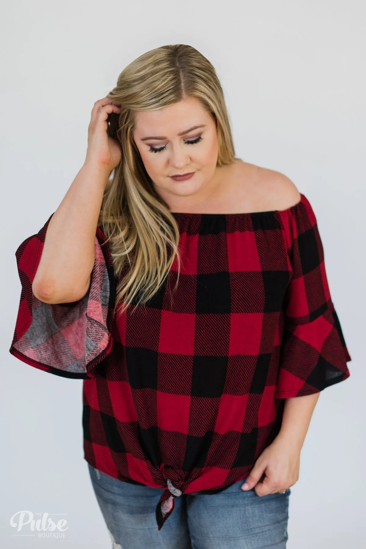 Buffalo Plaid Off the Shoulder Top