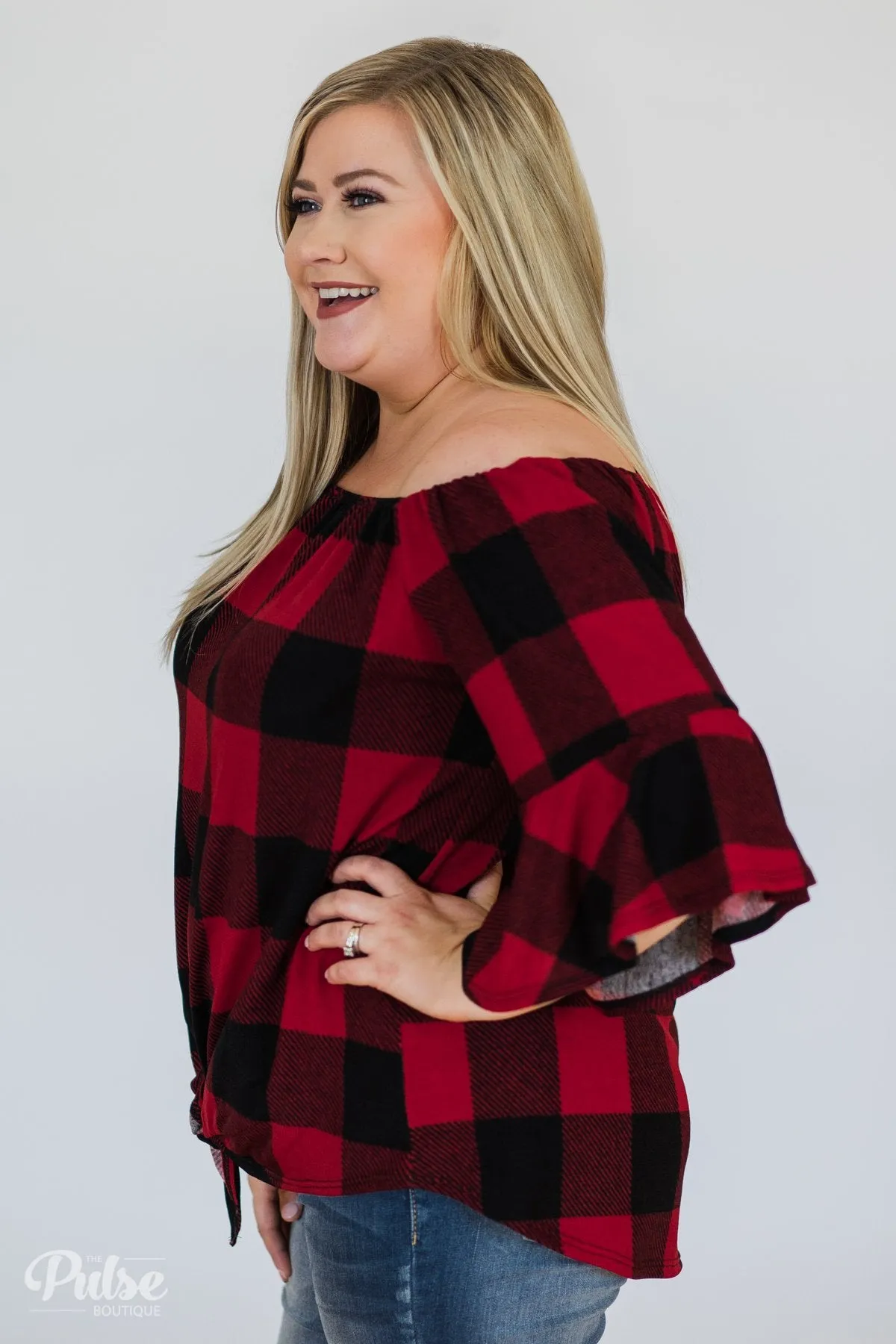 Buffalo Plaid Off the Shoulder Top
