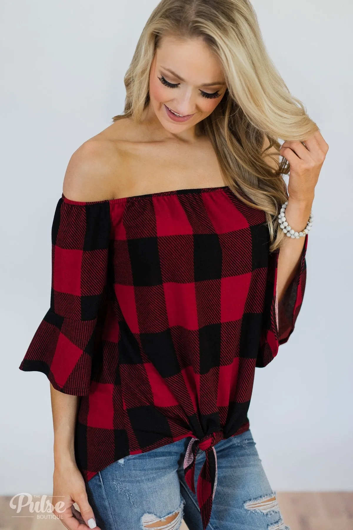 Buffalo Plaid Off the Shoulder Top