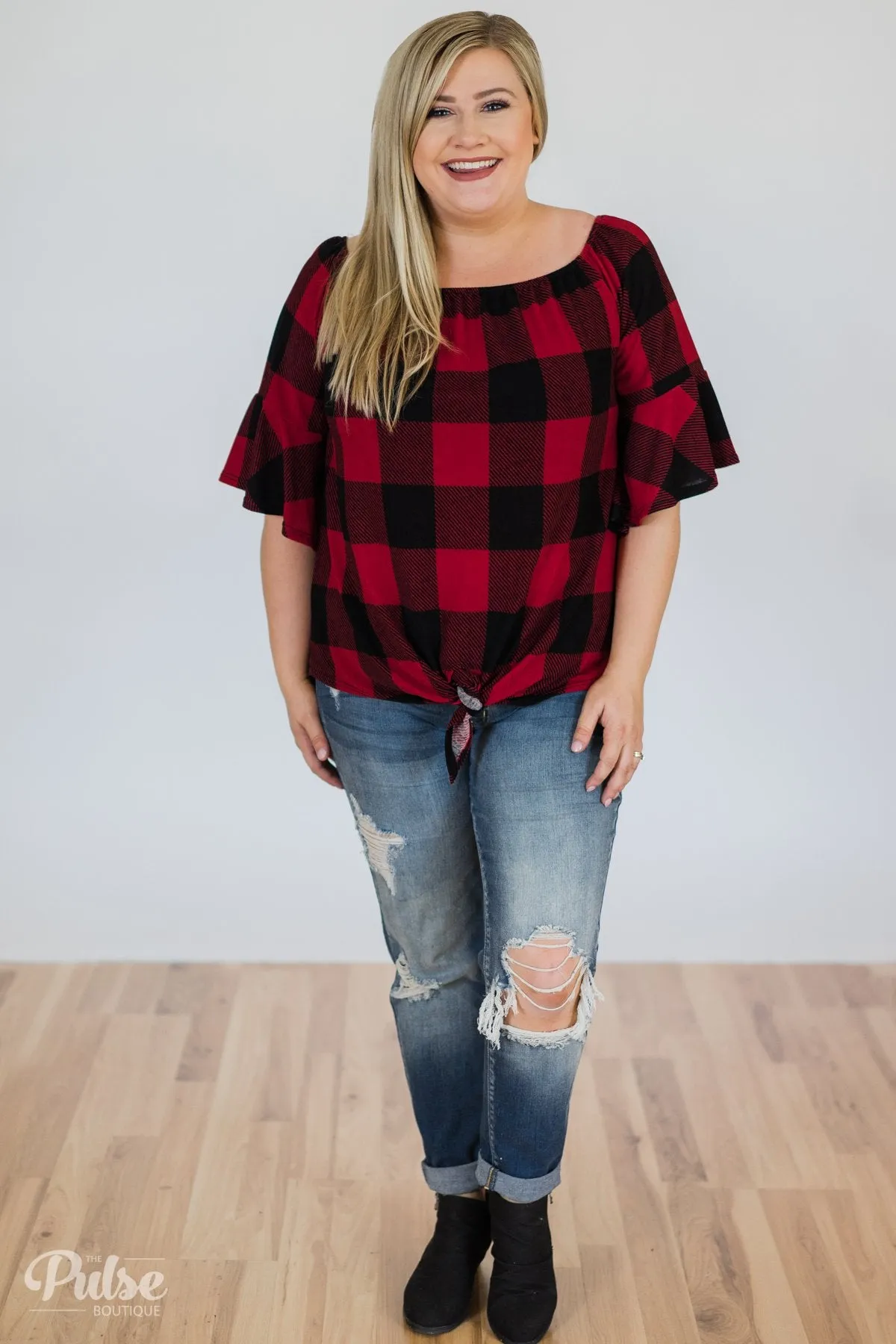 Buffalo Plaid Off the Shoulder Top
