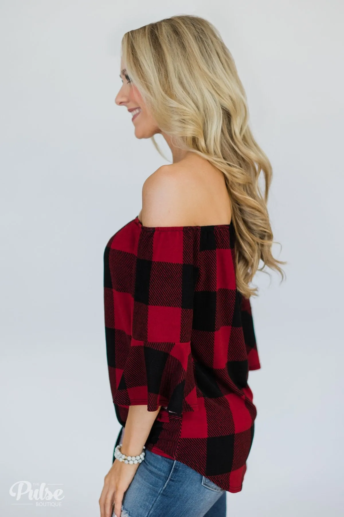 Buffalo Plaid Off the Shoulder Top