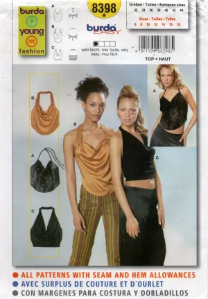 Burda 8398 EASY Womens Draped Halter Cowl Tops Out Of Print Sewing Pattern Sizes 6 - 18 UNCUT Factory Folded