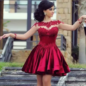 burgundy prom dresses short lace applique long sleeve satin cheap prom gown homecoming dresses vestido de graduacion