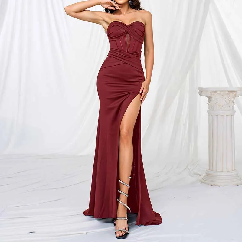 Bustier Satin Long Evening Dress Wrap Bodice Ruched Dress Maxi Dress
