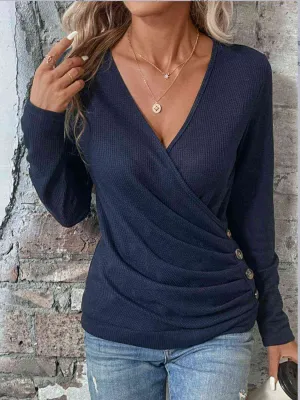 Buttoned Surplice Neck Long Sleeve Top