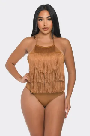 Camel Halter Neck Fringe Back Tie Bodysuit 3/7/24 8162