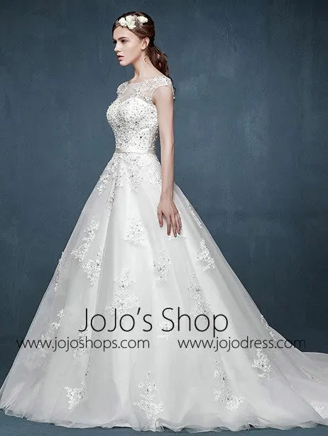 Cap Sleeves Lace A-line Wedding Dress with Illusion Neckline