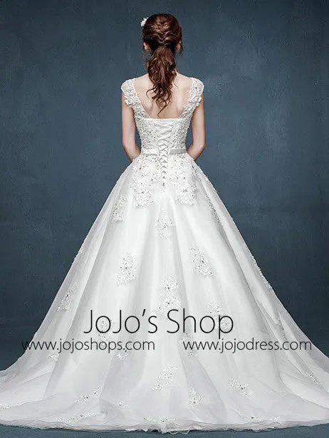 Cap Sleeves Lace A-line Wedding Dress with Illusion Neckline