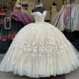 Champagne Sweetheart Appliques Off The Shoulder Quinceanera Dress