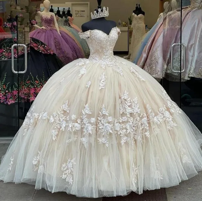 Champagne Sweetheart Appliques Off The Shoulder Quinceanera Dress