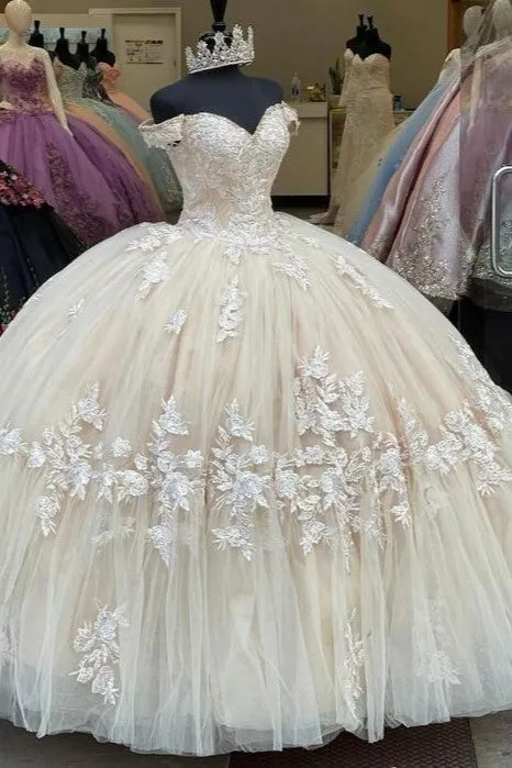 Champagne Sweetheart Appliques Off The Shoulder Quinceanera Dress