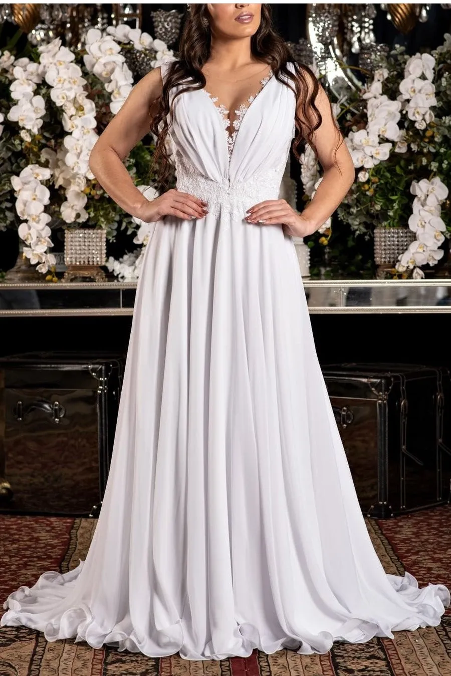 Chiffon Beach Wedding Dresses with Lace Sheer Neckline