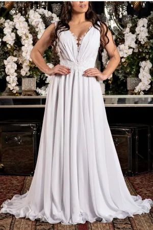 Chiffon Beach Wedding Dresses with Lace Sheer Neckline
