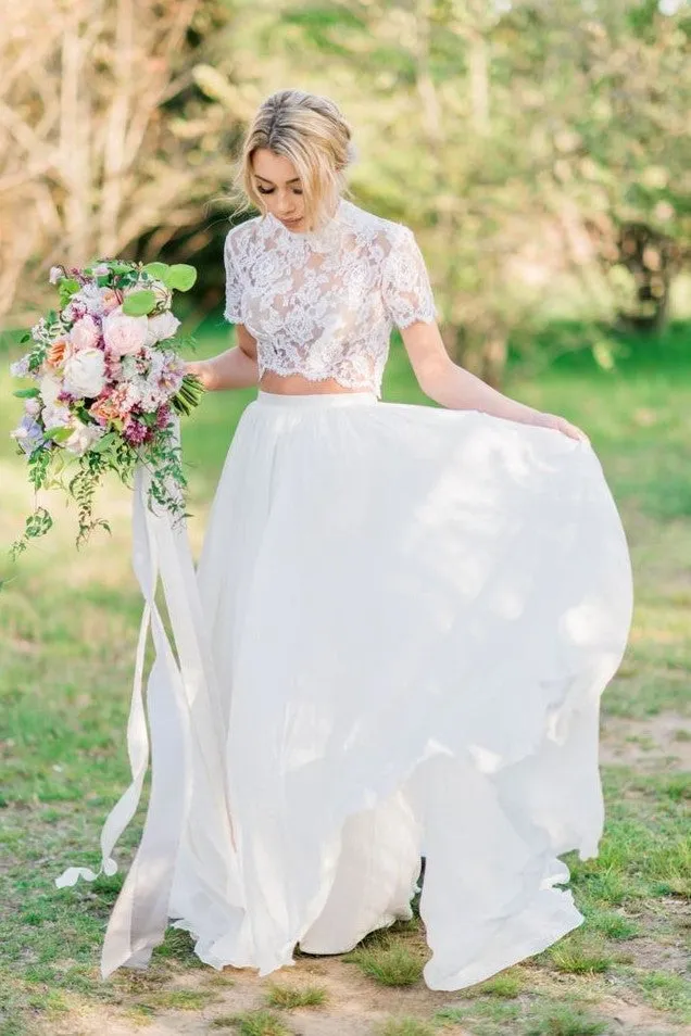 Chiffon Two-piece Garden Wedding Gowns with Lace Short Sleeves