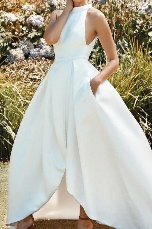 Clean Satin High Neck Bridal Dress with Pockets