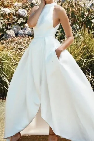 Clean Satin High Neck Bridal Dress with Pockets