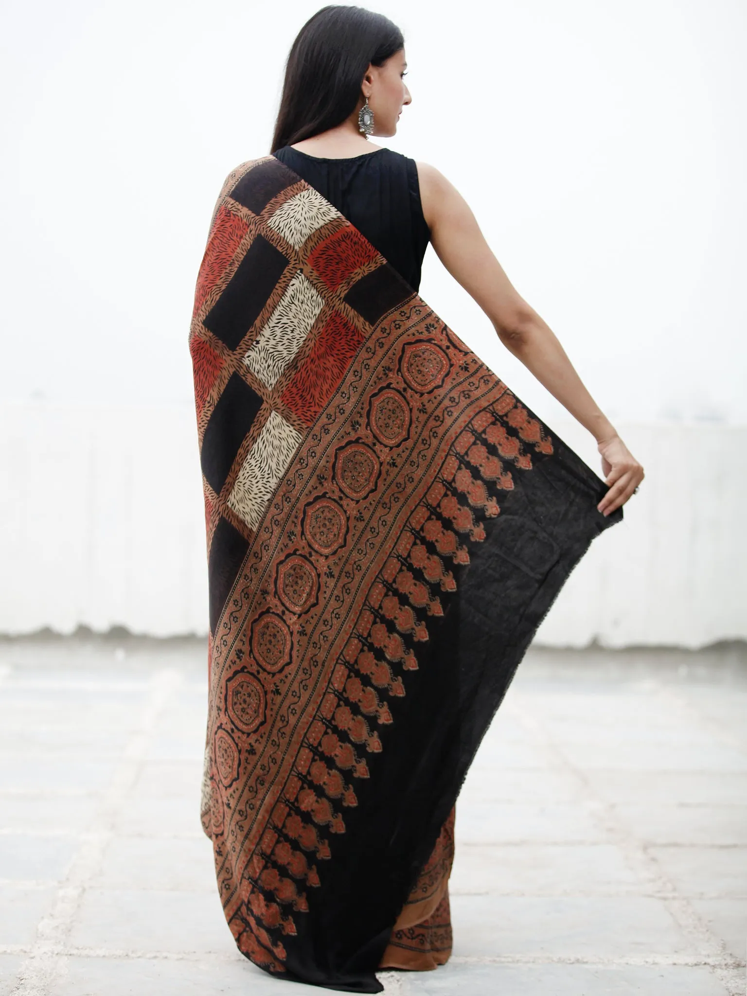 Coffee Brown Black Red Ivory Ajrakh Hand Block Printed Modal Silk Saree in Natural Colors - S031703726