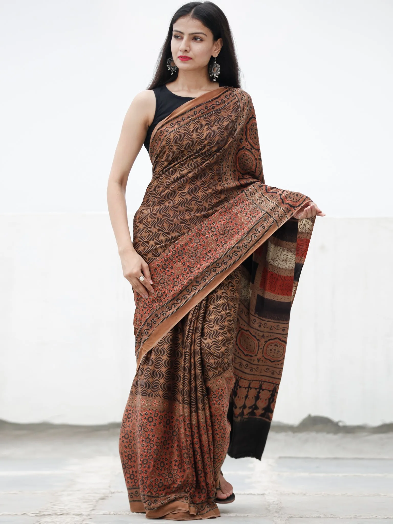 Coffee Brown Black Red Ivory Ajrakh Hand Block Printed Modal Silk Saree in Natural Colors - S031703726