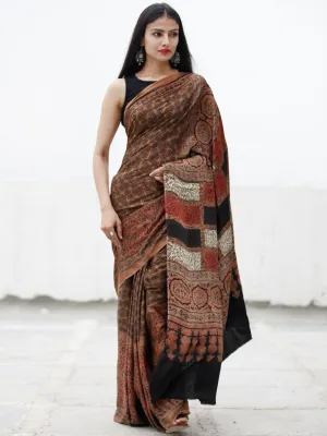 Coffee Brown Black Red Ivory Ajrakh Hand Block Printed Modal Silk Saree in Natural Colors - S031703726