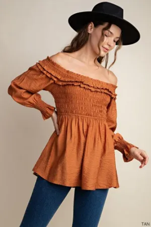 Cognac Boho Smocked Off Shoulder Blouse