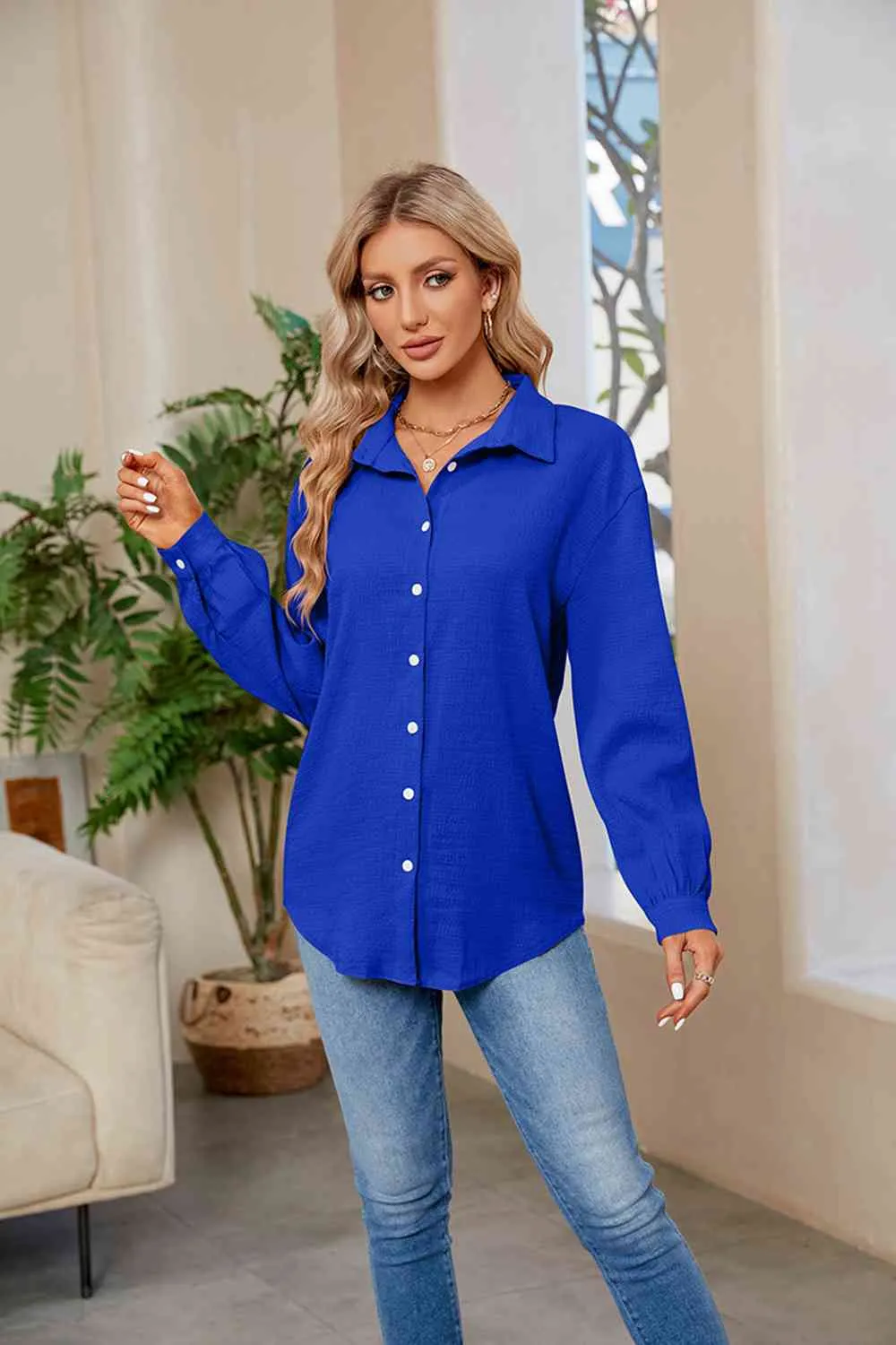 Collared Neck Buttoned Long Sleeve Shirt (4 Colors)