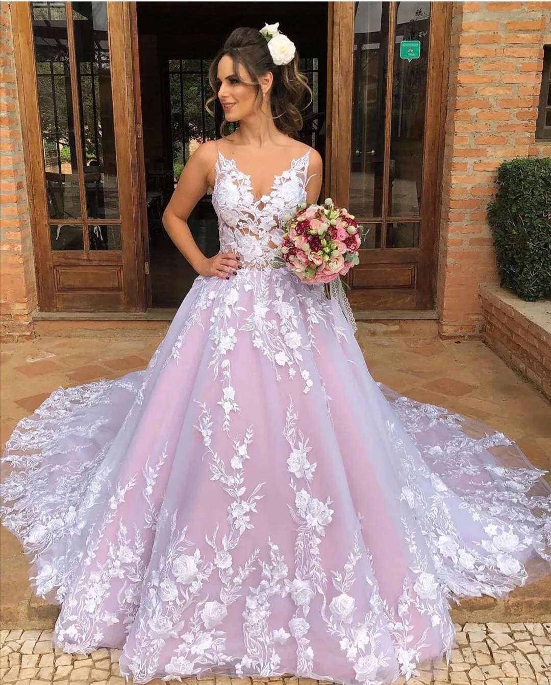 Color Block Floral Wedding Gown with Royal Train