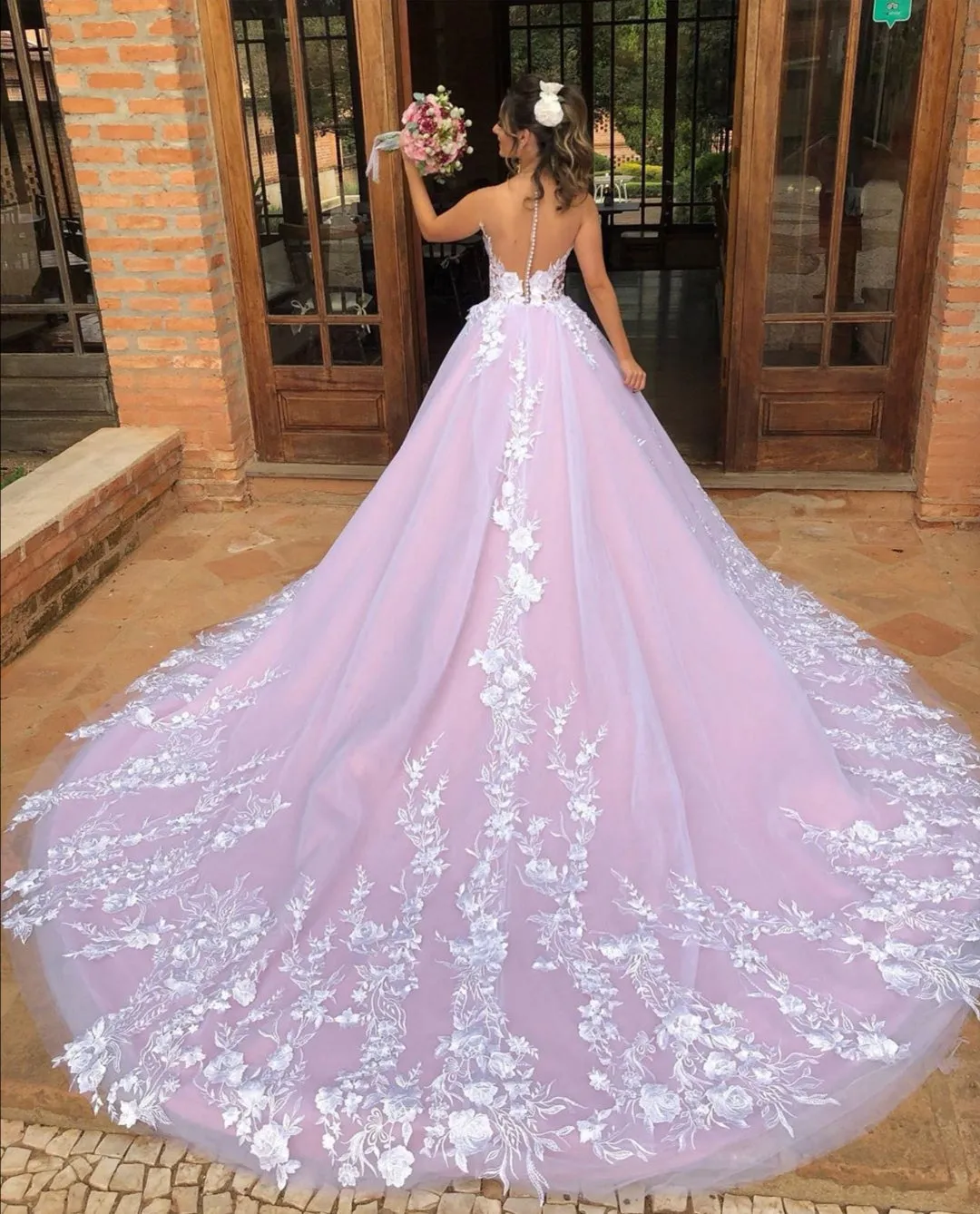 Color Block Floral Wedding Gown with Royal Train