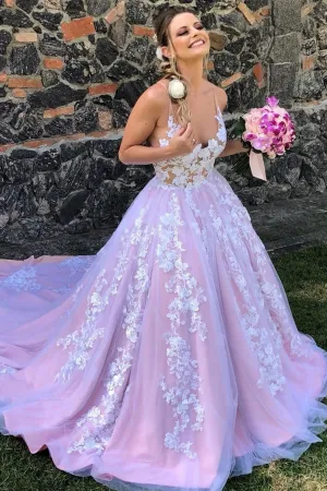 Color Block Lace Floral Bridal Gown Dress with V-neckline