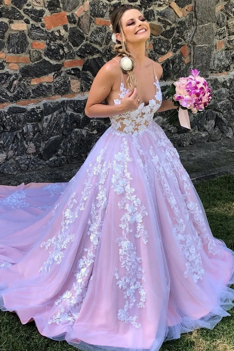 Color Block Lace Floral Bridal Gown Dress with V-neckline