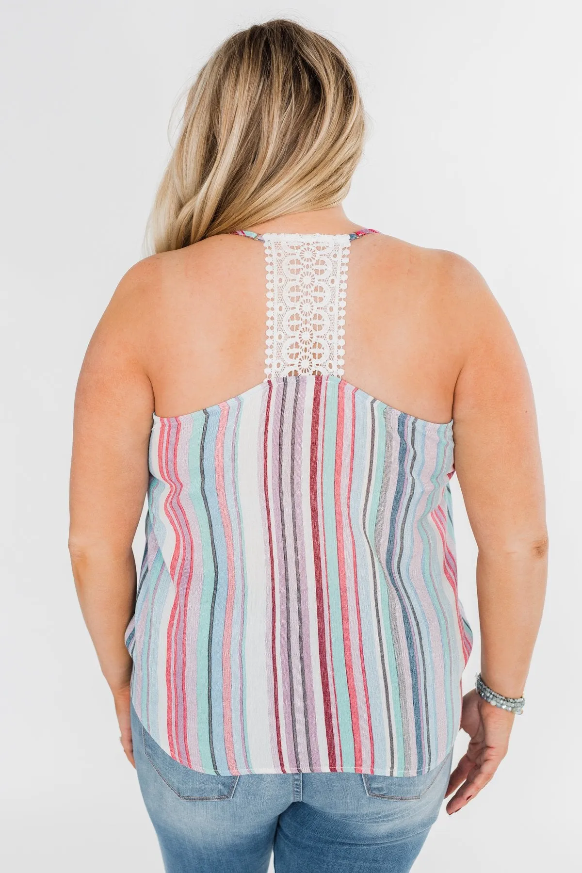 Colorful Stripe and Crochet Halter Tank Top- Lavender & Mint