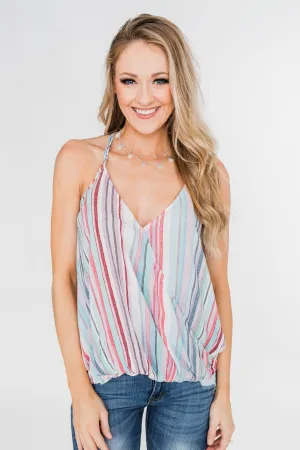 Colorful Stripe and Crochet Halter Tank Top- Lavender & Mint