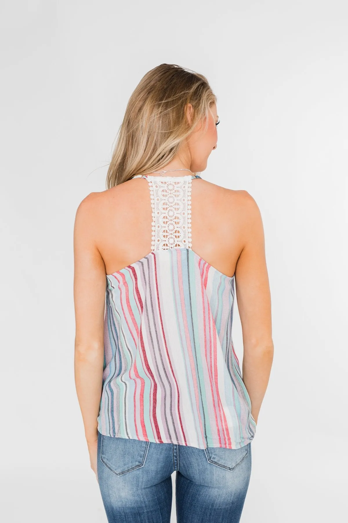 Colorful Stripe and Crochet Halter Tank Top- Lavender & Mint