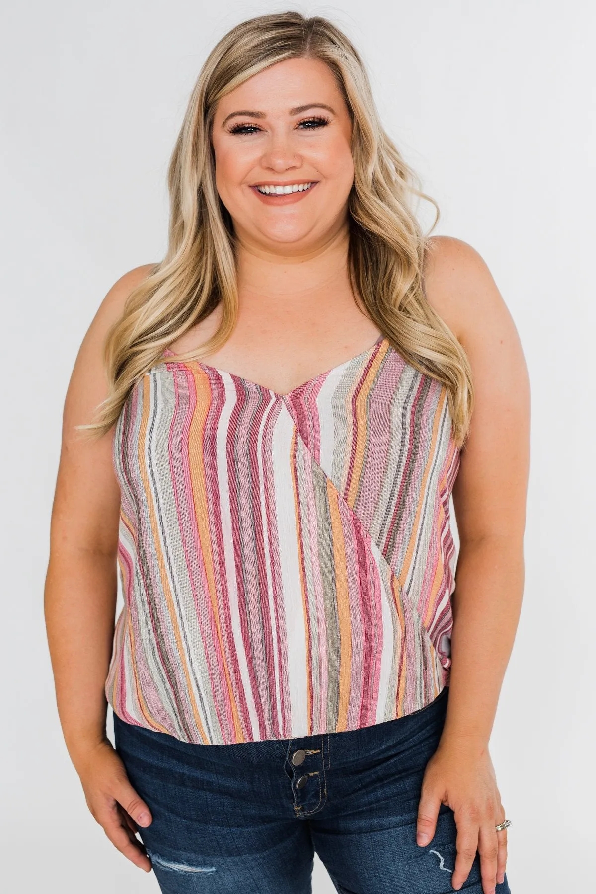 Colorful Stripe and Crochet Halter Tank Top- Purple & Taupe